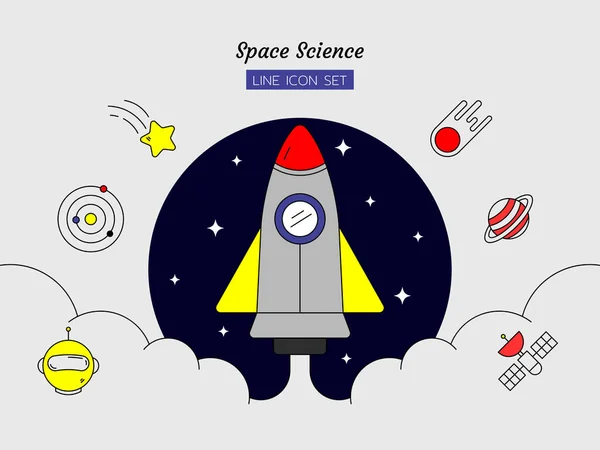 çizgi simgesi seti, uzay bilimi konsepti, gezegen, kornet, astronot, yıldız, uydu, yörünge, roket, izole düz ana hatlı vektör tasarımı