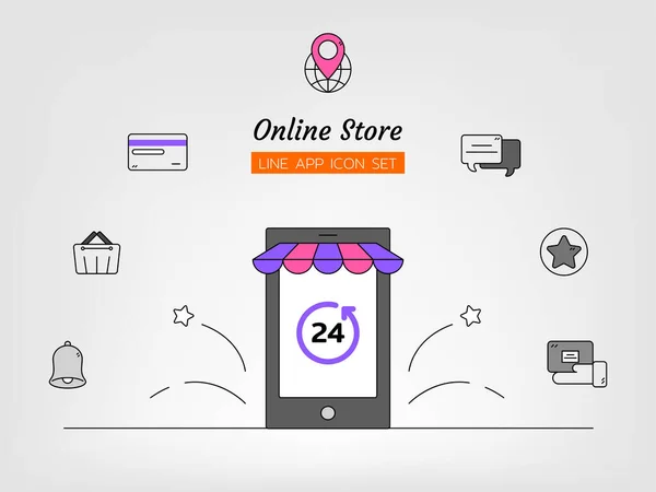 çizgi simge seti, mobil uygulama çevrimiçi alışveriş mağazası konsepti, sepet, telefon, sohbet, küresel, el arabası, 24 saat, GPS, kredi, paket, satış, izole düz çizgili vektör tasarımı