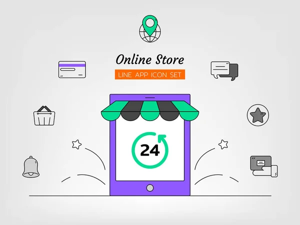 çizgi simge seti, tablet uygulaması çevrimiçi alışveriş mağazası konsepti, sepet, telefon, sohbet, global, el arabası, 24 saat, GPS, kredi, paket, satış, izole düz ana hatlı vektör tasarımı
