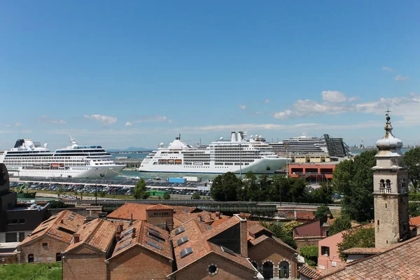 Venice Aerial View of Cruise Ships, Passengers Terminal in Maritime Station, near Downtown.Famous tourist attraction, travel and holidays concept .