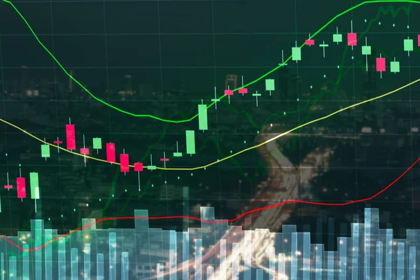 Çifte pozlama iş mali grafik veya borsa grafiği ve bulanık şehir manzarası, borsa grafik konsepti