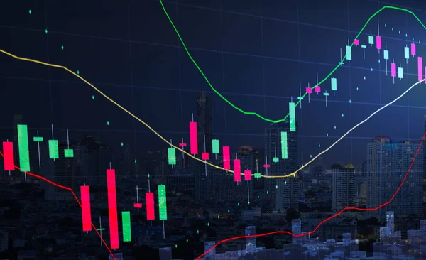 Stock Graph Chart Analysis Parabolic Indicator Volume Diagram Cityscape Night — Stock Photo, Image