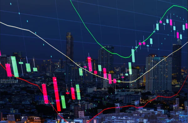 Stock Graph Chart Analízis Parabolikus Indikátor Volumen Diagram Cityscape Éjszakai — Stock Fotó