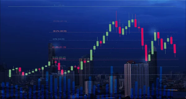 Stock Graph Chart Fibonacci Indicators Volume Bar Cityscape Night View — Stock Photo, Image