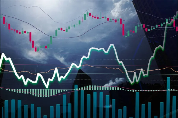 Stock Graph Diagram Parabolikus Rsi Macd Indikátorok Volumen Diagram Felhőkarcoló — Stock Fotó