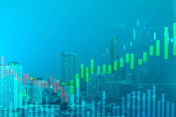 Doppelbelichtung Aktiendiagramm Indikator Und Stadtansichten Grünem Hintergrund Geschäfts Oder Finanzdiagramm — Stockfoto