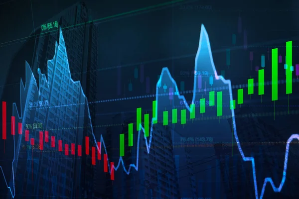 Doppelbelichtung Aktiendiagramm Indikator Und Wolkenkratzer Grünem Hintergrund Geschäfts Oder Finanzdiagramm — Stockfoto