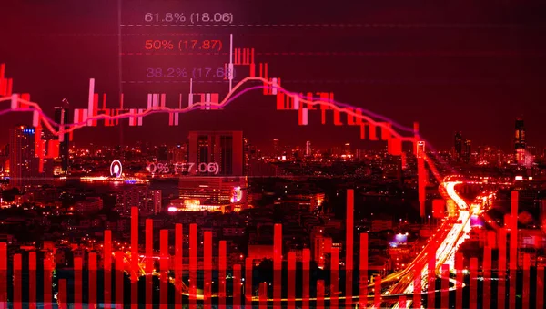 Fibonacci gösterge konsepti ile hisse senedi grafik analizi düşüşü, kırmızı renkli grafik ve şehir manzarası