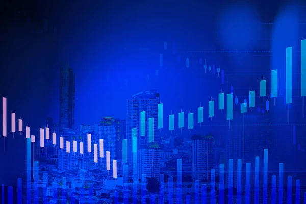 Doppelbelichtung Aktiendiagramm Indikator Und Stadtansichten Blauem Hintergrund Geschäfts Oder Finanzkonzept — Stockfoto