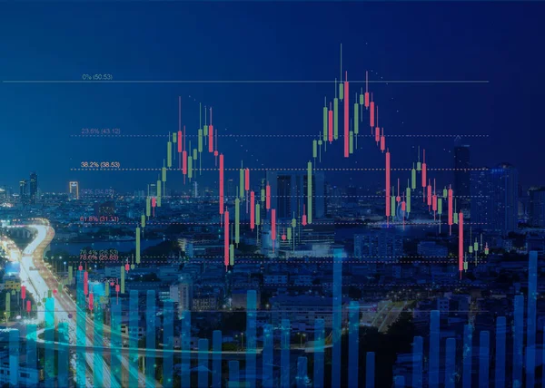 Aktiendiagramm Mit Fibonacci Indikator Und Stadtbild Nachtsicht Auf Dem Hintergrund — Stockfoto