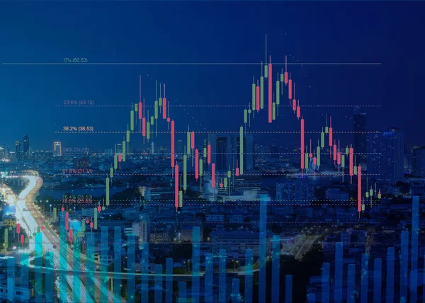 Stock Graph Chart Fibonacci Indikátor Cityscape Éjszakai Nézet Háttérben — Stock Fotó