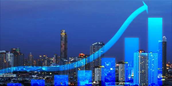 Finansal başarı veya iş büyümesi kavramı, ok ve hacim çubuğu gece kopya alanı olan şehir manzarası