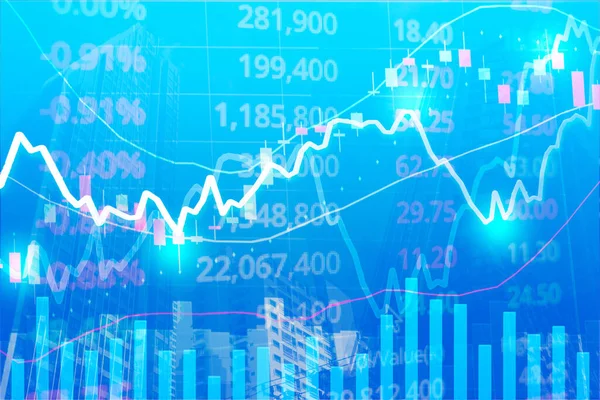 Börsendiagramm Modernem Gebäude Stadthimmel Dunkler Hintergrund Konzept Für Aktienhandel Und — Stockfoto