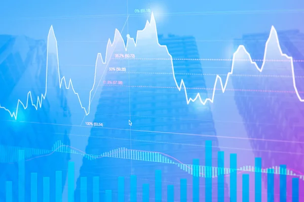 Grafico Borsa Con Indicatore Fibonacci Grattacielo Sullo Sfondo — Foto Stock