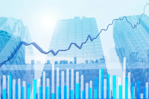 Modern gökdelen ve mavi arkaplan renklerine sahip şehir manzaralı bullish pazar hacmi ile borsa grafiği, bullish pazar kavramı