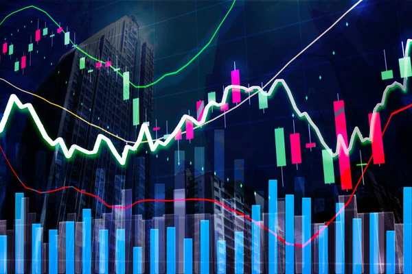 Modern şehir gökyüzünde borsa grafiği, hisse senedi ve finans piyasaları, iş ve finans kavramı koyu renk arka plan 4