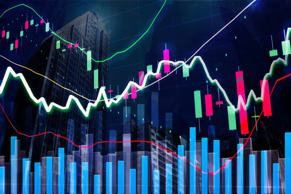 Börsendiagramm Modernem Gebäude Stadthimmel Konzept Für Aktienhandel Und Finanzmärkte Wirtschaft — Stockfoto