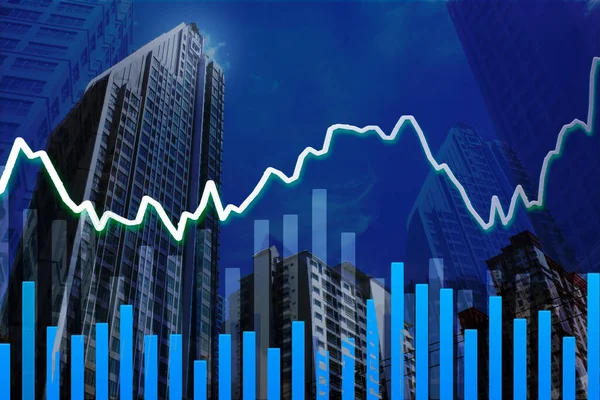 近代建築都市の空の株式市場グラフ 株式取引と金融市場の概念 暗い色の背景のビジネスと金融3 — ストック写真