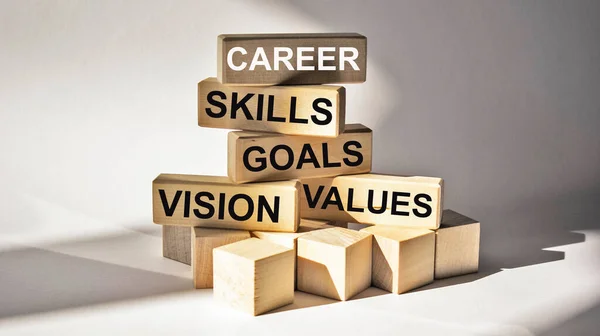 Career, skills, values, vision, goal. Words on wooden blocks and white table in office