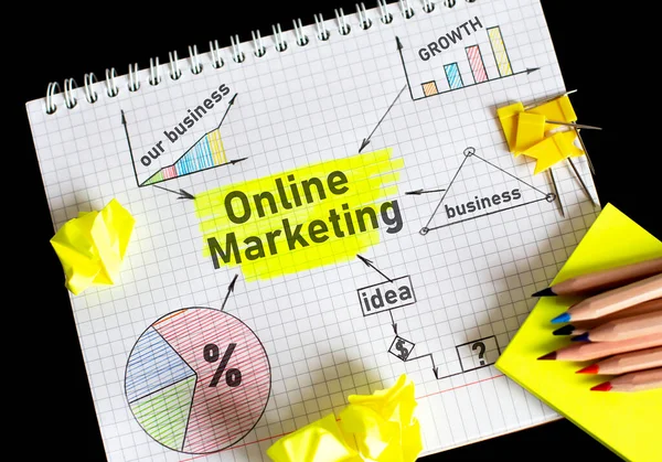 Notitieboek Met Tools Notities Online Marketing — Stockfoto