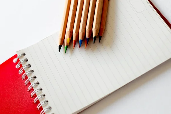 Colour Pencils Notebook White Background — Stock Photo, Image