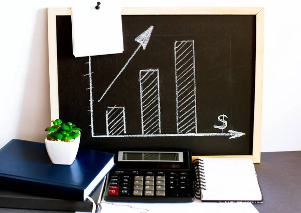 Graph Shows Increase Target Drawn Chalk Board White Sticker Calculator — Stock Photo, Image