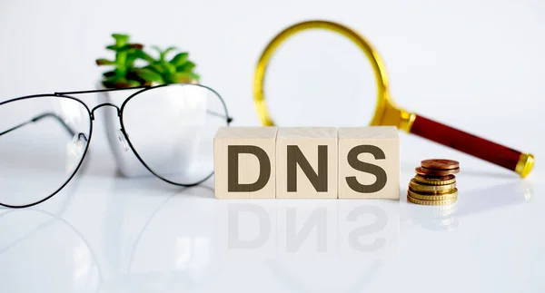 Dns Concept Houten Kubussen Bloem Bril Munten Vergrootglas Witte Achtergrond — Stockfoto