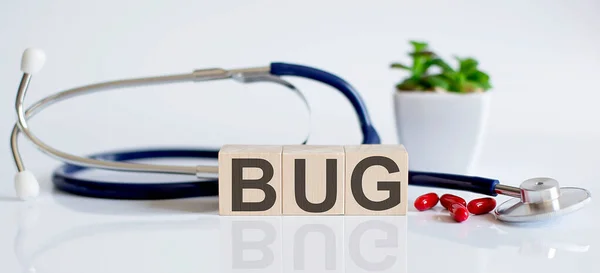 Bug Palabra Está Escrita Cubos Madera Estetoscopio Pieles Concepto Médico —  Fotos de Stock