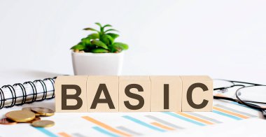 Grafik, bozuk para, defter ve gözlüklü tahta bloklar kavramı hakkında BASIC sözcüğü.
