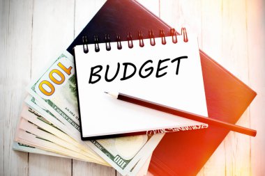 Deftere dolar banknotları ve kalem finans konseptiyle yazılmış bütçe metni