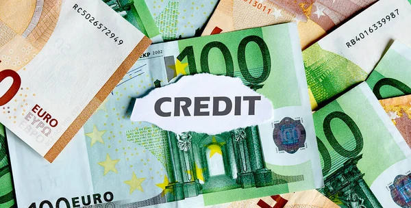 Focus Word Credit Piece Torn White Paper Euros Currency Background — Stock Photo, Image