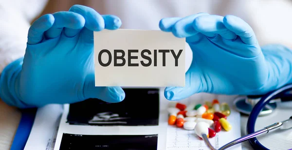 Karte Mit Text Obesity Zubehör Pillen Und Stethoskop Medizinisches Konzept — Stockfoto