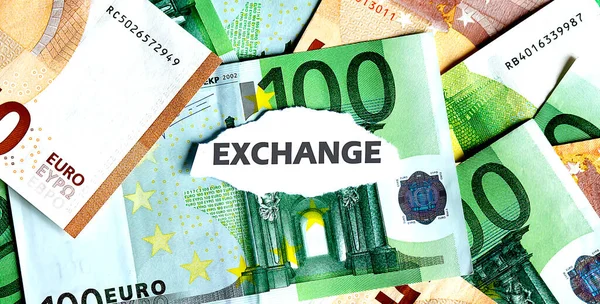 Focus Word Exchange Piece Torn White Paper Euros Currency Background — Stock Photo, Image