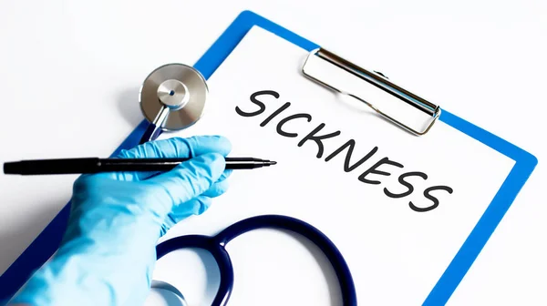 Papír Szöveges Sickness Asztalon Sztetoszkóppal Orvosi Fogalom — Stock Fotó