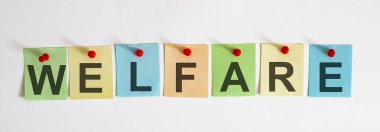 WELFARE ifadesi beyaz arkaplanda çok renkli çıkartmalara yazılmıştır. İş konsepti, strateji, plan, planlama.