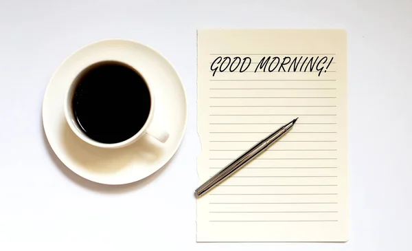 Good Morning Weißes Papier Mit Stift Und Kaffee Auf Weißem — Stockfoto