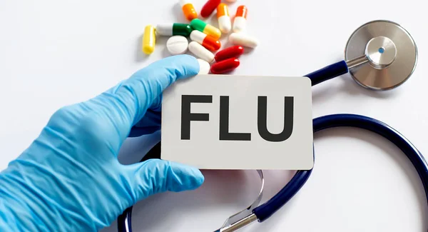Carte Avec Texte Flu Fournitures Pilules Stéthoscope Médecine — Photo