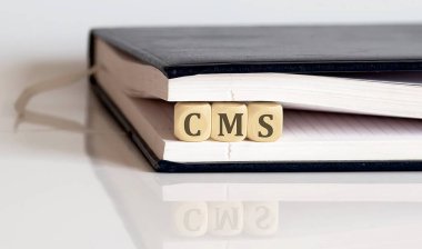 Not defterinde tahta küp üzerine yazılmış CMS Özel Yönetim Sistemi