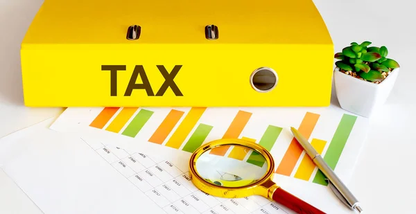 Carpeta Oficina Con Texto Tax Gráficos Lupa Pluma — Foto de Stock