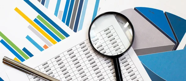Charts Graphs Pen Magnifier Concept Image Data Gathering Statistical Working — Stock Photo, Image