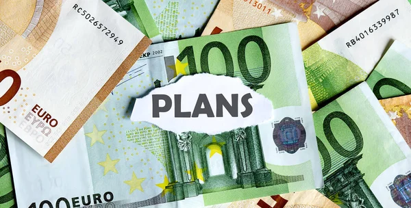 Focus Word Plans Piece Torn White Paper Euros Currency Background — Stock Photo, Image