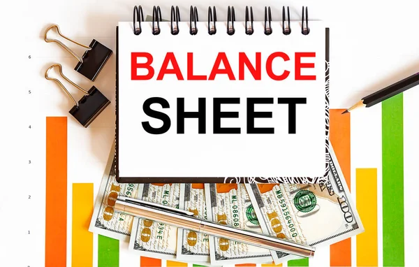 Inscription BALANCE SHEET on notebook, concept of planning, with office tools ,chart and dollars