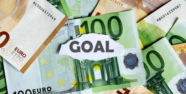 Focus Word Goal Piece Torn White Paper Euros Currency Background — Stock Photo, Image
