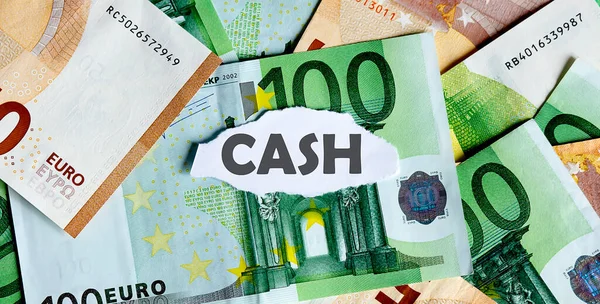 Focus Word Cash Piece Torn White Paper Euros Currency Background — Stock Photo, Image
