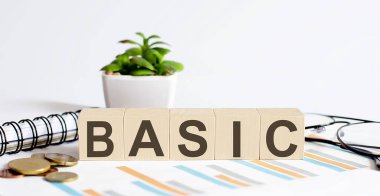 Grafik, bozuk para, defter ve gözlüklü tahta bloklar kavramı hakkında BASIC sözcüğü.
