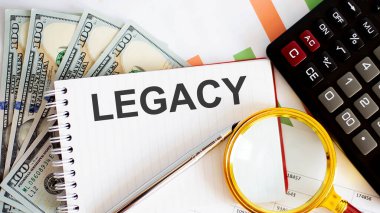 Kelime yazma Legacy. Çizelge, dolar ve ofis araçlarıyla iş kavramı