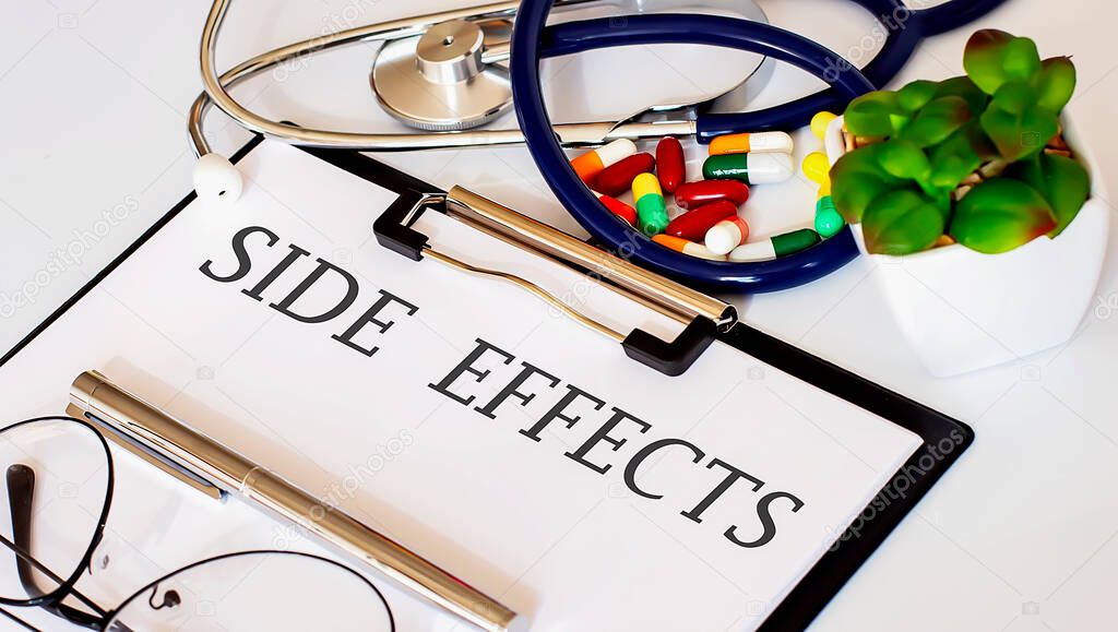 SIDE EFFECTS text with Background of Medicaments, Stethoscope