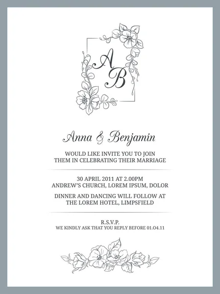 Invitación de boda con monograma floral — Vector de stock