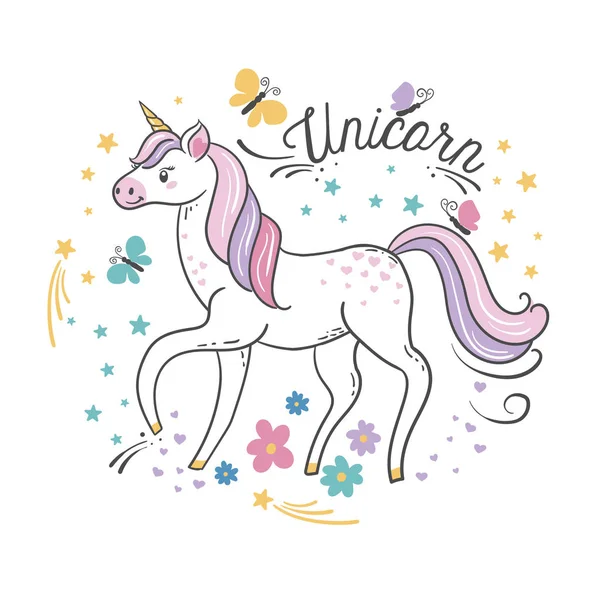 Hermoso unicornio con mariposas y estrellas Ilustraciones De Stock Sin Royalties Gratis