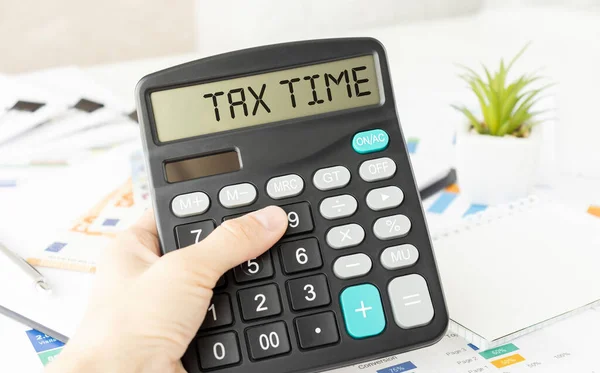Belastingtijd Woord Rekenmachine Bedrijfs Belastingconcept Tijd Belasting Betalen Het Jaar — Stockfoto